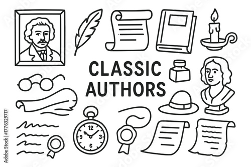 Classic Authors Icons. Classic authors. Hand-drawn doodle illustration classic authors quill, scroll, old book, ink bottle, candle, glasses, portrait frame,