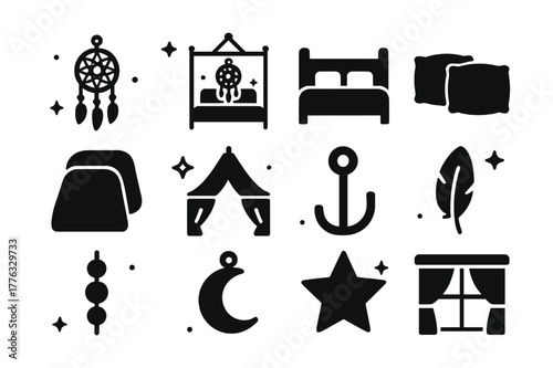 Dream Catcher Icons. a dream catcher hanging above the bed. Solid icons set of a dream catcher hanging above the bed: dream catcher, bed frame, headboard,