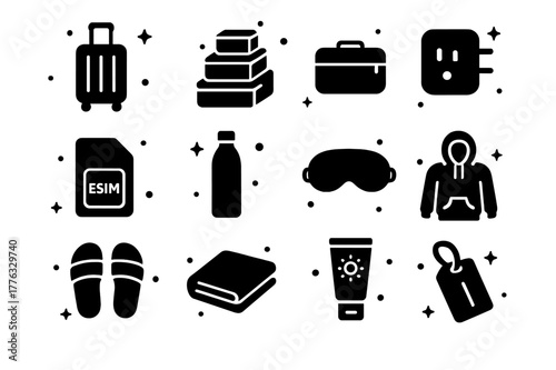 Nomadic Travel Essentials Icons. Travel Essentials for Nomads. Solid icons set of Travel Essentials for Nomads: carry on suitcase, packing cubes, toiletry bag,