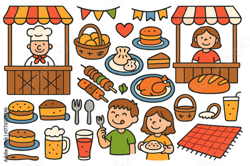 Colorful Food Fair Scene. Traditional food fair. Colorful Hand-drawn doodle Children illustration Traditional food fair food stalls, plates, dumplings,