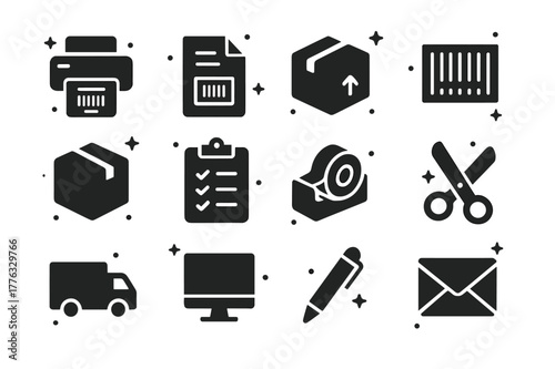 Logistics Icons Grid. Logistics Workflow. Solid icons set of Logistics Workflow: printer, shipping label, package, barcode, box, clipboard, tape dispenser,