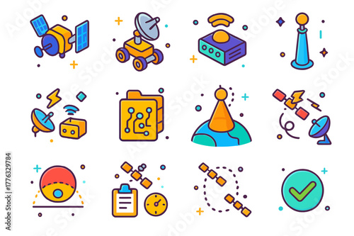 Planetary Relay Icons. Planetary relay architecture. Colorful isometric vector icons set of Planetary relay architecture: Mars relay orbiter, surface rover