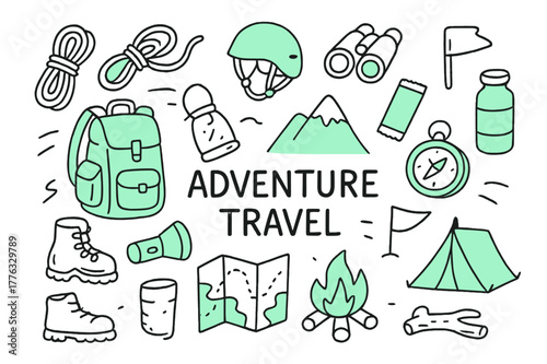 Adventure Gear Doodles. // Adventure travel. Hand-drawn doodle illustration Adventure travel [backpack (accented), rope, helmet, mountain peak (accented),