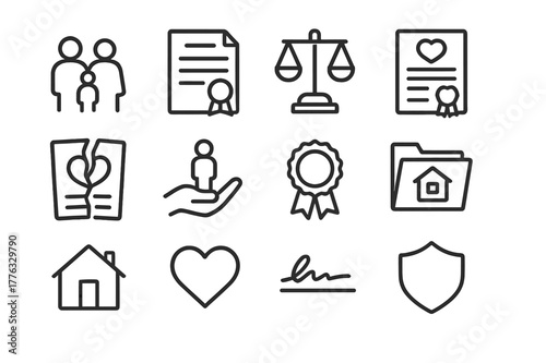 Family Law Icons. Family and Personal Law. Line icon set of Family and Personal Law: family silhouette, legal document, custody scale, marriage certificate,