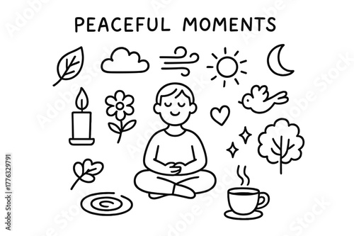 Peaceful Meditation Icons. Peaceful moments. Hand-drawn doodle illustration peaceful moments person meditating, leaf, candle, flower, heart, cloud, sun, breeze