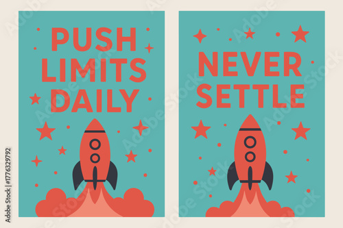 Push Limits Design. Push limits daily. Two vertical A6 banners with safe margins, centered composition, no elements touching edges, modern, turquoise and