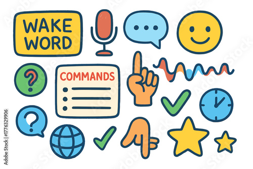Voice Command Doodles. Voice command prompts. Colorful Hand-drawn doodle Children illustration Voice command prompts wake word card, mic button, voice bubble,