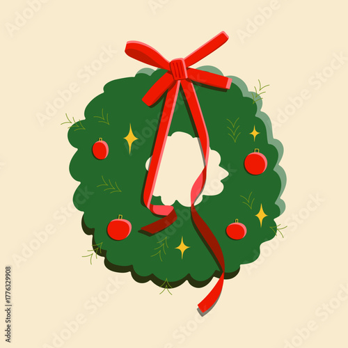 Christmas Wreath with Red Ribbon and Ornaments