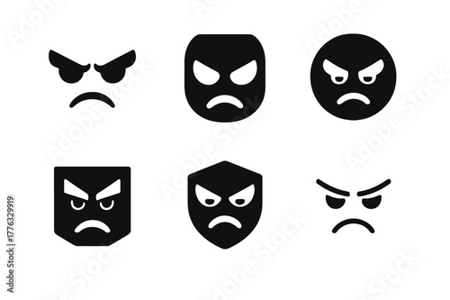 Uneasy Face Logos. Uneasy face. Set Logo of Uneasy face: shadowed eyes under brow. harmonious logo variations of the same emblematic concept, each with