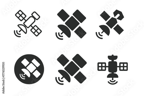 Spy Satellite Logos. enemy surveillance. Set Logo of enemy surveillance: Spy Satellite. harmonious logo variations of the same emblematic concept, each with