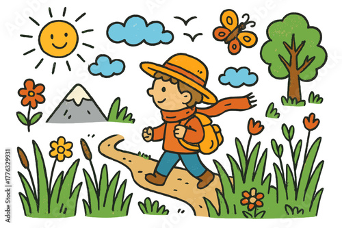 Colorful Outdoor Adventure. outdoor exploration. Colorful Hand-drawn doodle Children illustration outdoor exploration person, tall grass, wind, mountain,