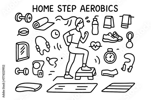 Step Aerobics Essentials. Home Step Aerobics. Hand-drawn doodle illustration Home Step Aerobics aerobic step, person exercising, dumbbells, yoga mat, water