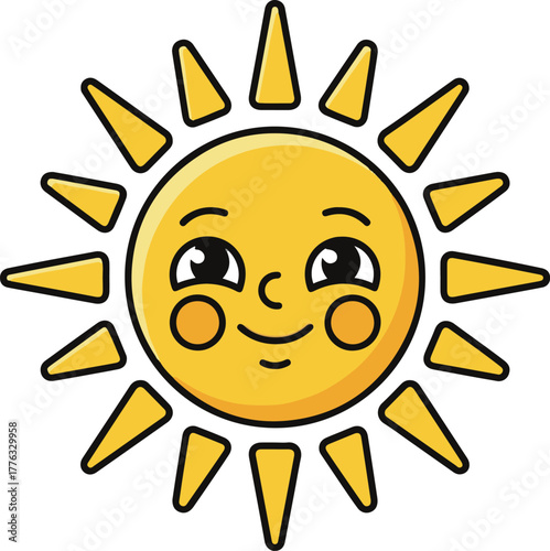A cheerful vector cartoon illustration of a happy sun with a smiling face, rosy cheeks, and bright yellow pointed sunbeams, conveying warmth and joy.
