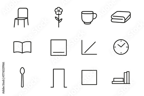 Minimalist Icon Set. Minimalist Moments. Line icon set of Minimalist Moments: empty chair, single flower, ceramic cup, folded towel, open book, plain wall,