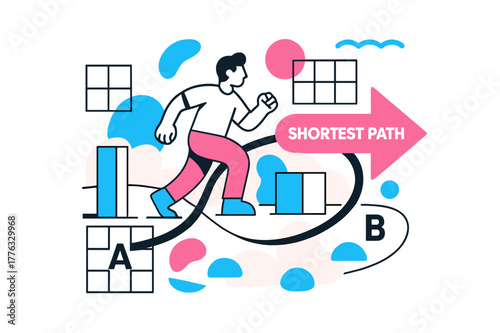 Shortest Path Journey. Vector Displacement Diagram. A figure walks around obstacles, but a clean arrow cuts directly from A to B; ?Shortest Path? glows near