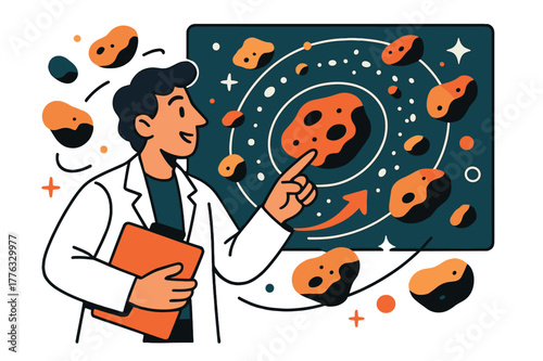 Celestial Cartography in Motion. Asteroid belt studies. Astronomer pointing at asteroid belt map with abstract floating asteroids, orbit paths, and sparkles;