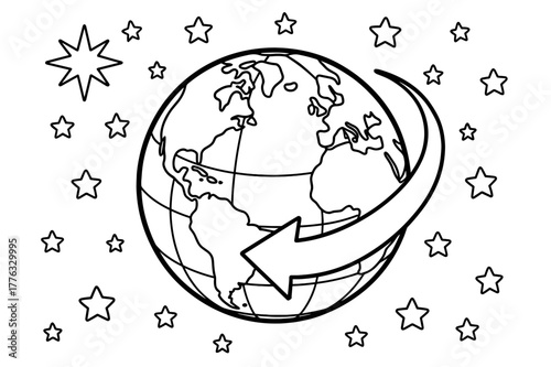 Earth's Rotation Coloring Page. Stars and Earth?s rotation children?s coloring book illustration, outlined drawing, a globe showing a curved arrow of rotation