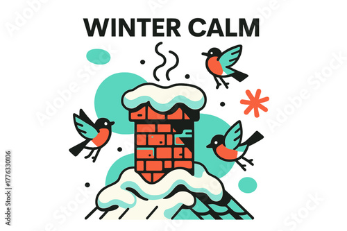 Winter Chimney Scene. Old Brick Chimney. Weathered bricks peek through soft snow layers; snowbirds flutter around as smoke gently rises. ?Winter Calm? floats