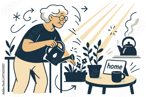 Sunlit Balcony Gardening. Elderly Independent Living. A senior waters a small balcony garden while sunlight ribbons across a tidy table; a sticky label reads