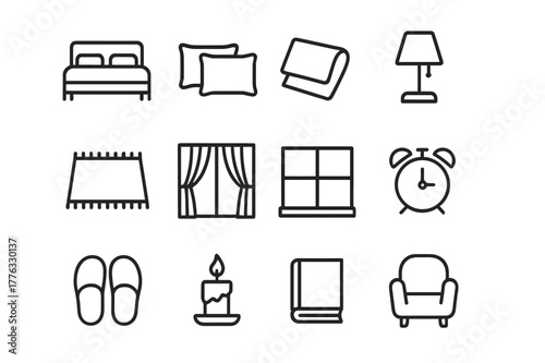 Bedroom Comfort Icons. Bedroom Comfort. Line icon set of Bedroom Comfort: bed, pillows, blanket, bedside lamp, rug, curtain, window, alarm clock, slippers,