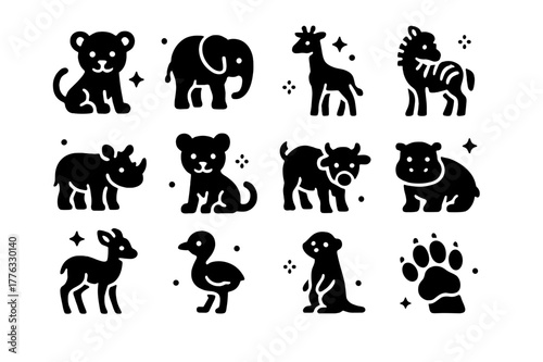 Savanna Baby Animals Icons. Young Animals of the Savanna. Solid icons set of Young Animals of the Savanna: lion cub, baby elephant, giraffe calf, zebra foal,
