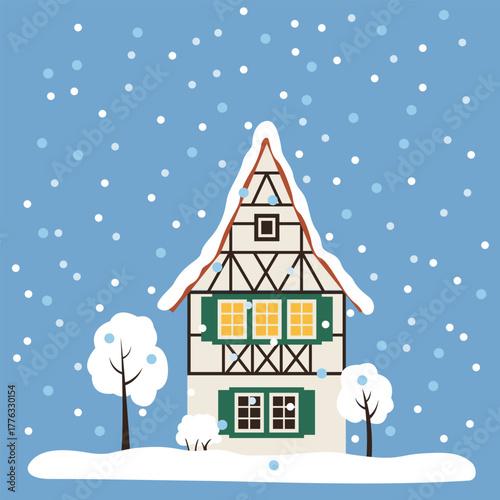 Cozy European house and trees covered with snow for New Year and Christmas. A German building Isolated vector illustration.