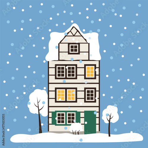 Cozy European house and trees covered with snow for New Year and Christmas. A German building Isolated vector illustration.