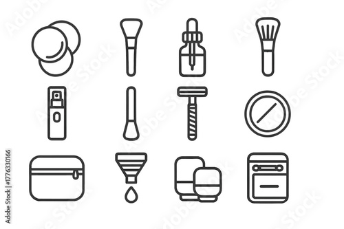 Eco-Friendly Beauty Icons. Eco-friendly beauty tools. Line icon set of eco-friendly beauty tools: reusable cotton pads, silicone mask applicator, glass dropper