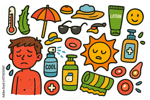 Cartoon Sunburn Essentials. Sunburn. Colorful Hand-drawn doodle Children illustration Sunburn red skin, sun, aloe vera, cold water spray, lotion