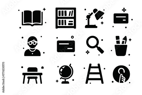 Library Icons Collection. Reading at the Library. Solid icons set of Reading at the Library: open book, library shelf, desk lamp, librarian, library card,