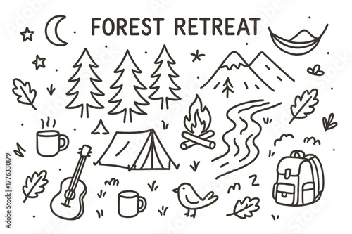 Forest Camping Doodles. Forest retreat. Hand-drawn doodle illustration forest retreat pine trees, tent, campfire, stream, leaves, footprints, mug, stars, moon,