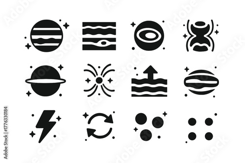 Jupiter Icons Grid. Jupiter. Solid icons set of Jupiter: planet globe, banded clouds, Great Red Spot, polar aurora, thin ring, magnetosphere lines, jet stream