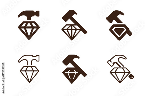 Artisan Jewelry Logos. Local artisan jewelry. Set Logo of Local artisan jewelry: hammer and gem symbol. harmonious logo variations of the same emblematic