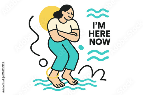 Grounding Feet Illustration. Grounding Practice. Feet touch the floor, toes curl into soft lines of earth; ?I?m here now? floats near gentle wave patterns.