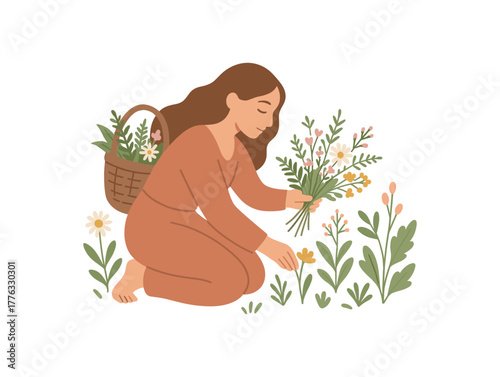 gathering herbs and wildflowers mindful feminine ritual connection with earth no outline flat vector illustration style isolated on white background soft palette
