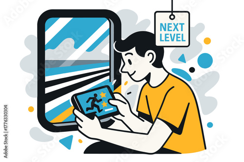 Mobile Gaming Journey. Playing a mobile game on the go ? Cozy train window. Reflections and parallel tracks become abstract stripes as the player focuses. A