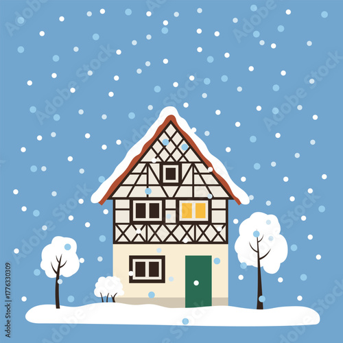 Cozy European house and trees covered with snow for New Year and Christmas. A German building Isolated vector illustration.