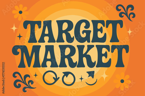 Retro 70s Vibe. Target Market ? 70s Poster; lettering: funky curved fonts; composition: wavy stacked; effects: warm gradients, concentric circles; background: