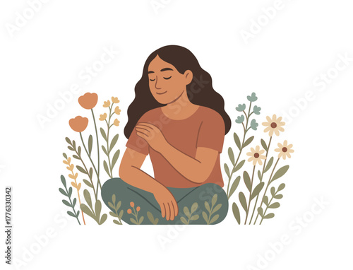 woman surrounded by wildflowers gentle nature connection self acceptance no outline flat vector illustration style isolated on white background soft muted tones