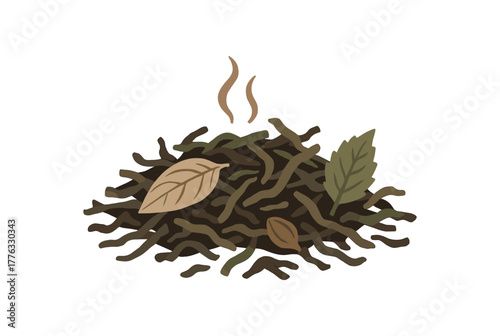 loose leaf tea close up mindful observation of textures and scent no outline flat vector illustration style isolated on white background muted earth palette