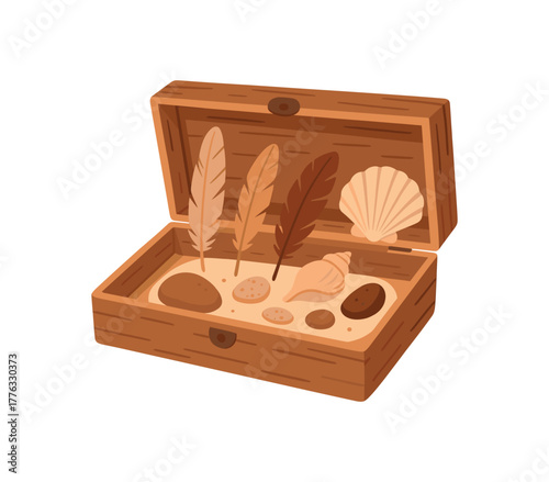 open wooden box with feathers shells and stones personal nature collection no outline flat vector illustration style isolated on white background gentle warm tones