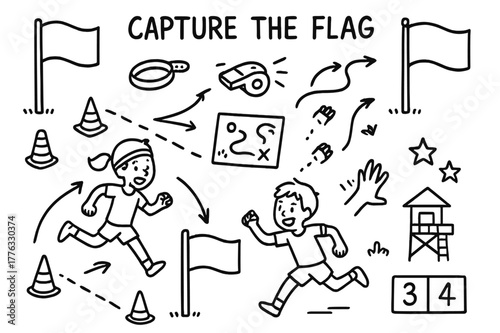Capture the Flag Doodle. Capture the flag. Hand-drawn doodle illustration capture the flag two flags, boundary lines, cones, running kids, arrows for routes,