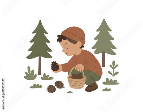 child collecting pinecones forest simple mindful moment no outline flat vector illustration style isolated on white background muted earthy palette