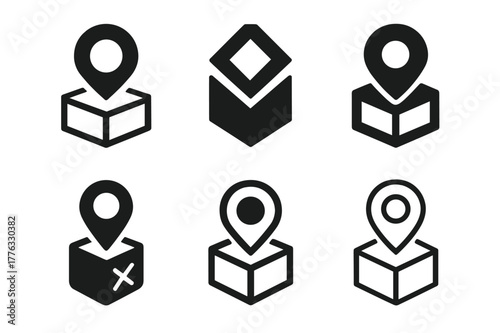 Geocaching Logo Variations. Geocaching. Set Logo of Geocaching: GPS pin on cache container. harmonious logo variations of the same emblematic concept, each