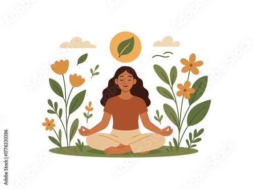 woman meditating outdoors surrounded by flowers eco energy and calm no outline flat vector illustration style isolated on white background natural tones