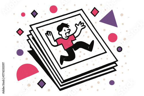 Vintage Photographic Memories. Dusty Photograph. Stack of dusty photographs with floating abstract geometric dust particles, vintage and nostalgic scene.