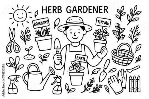 Herb Garden Essentials. Herb gardener. Hand-drawn doodle illustration herb gardener pots, scissors, labels, herbs, watering can, gloves, basket, leaves,