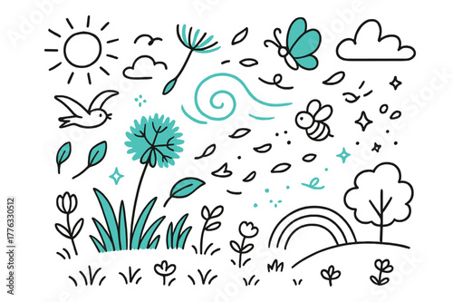 Spring Meadow Breeze. Spring meadow breeze. Hand-drawn doodle illustration spring meadow breeze [dandelion puff (accented), grass (accented), butterfly
