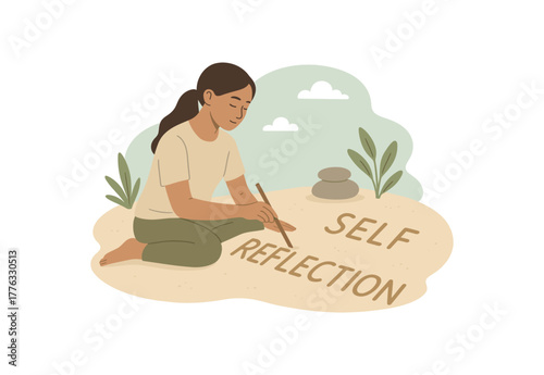writing thoughts sand self reflection mindfulness with nature no outline flat vector illustration style isolated on white background light calm colors