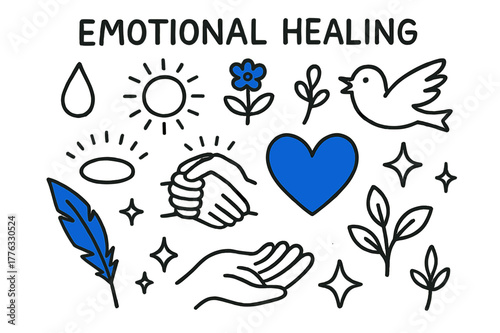 Emotional Healing Symbols. // Emotional healing. Hand-drawn doodle illustration Emotional healing [hands clasped (accented), heart (accented), flower sprout
